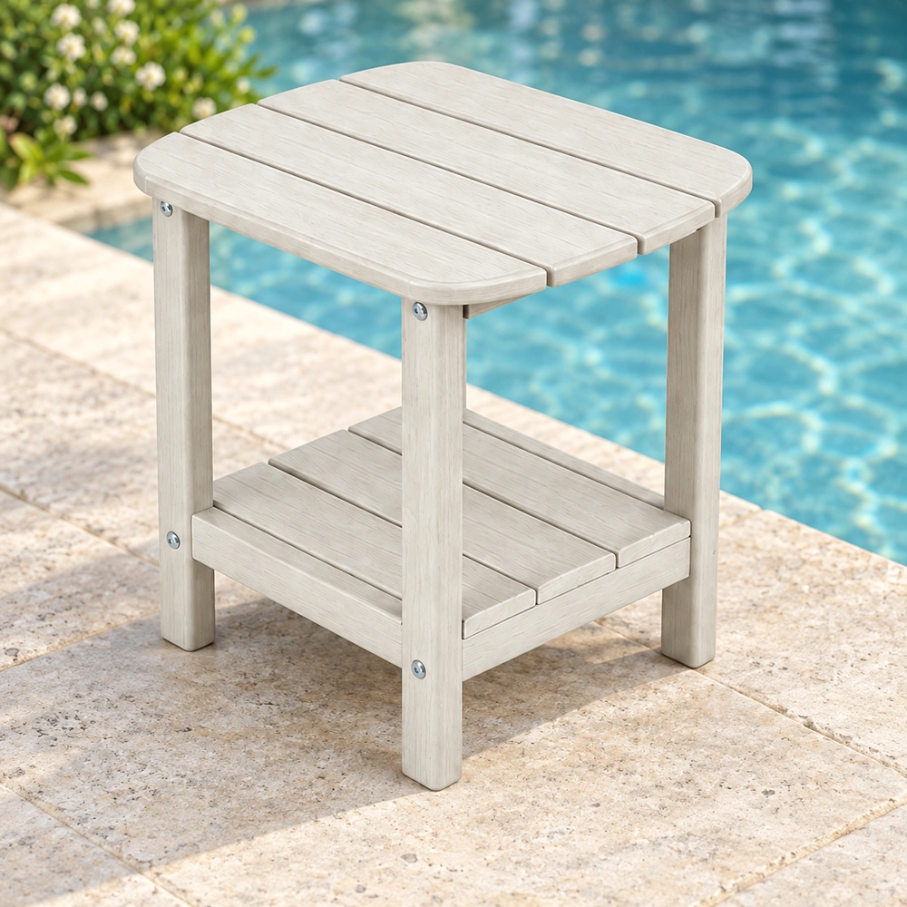 Elevated opposite-side view on a pool deck of the two-tier four-board HDPE outdoor side table