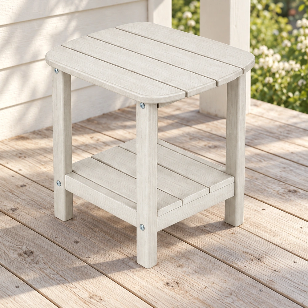 Elevated opposite-side view on a timber veranda of the two-tier four-board HDPE outdoor side table