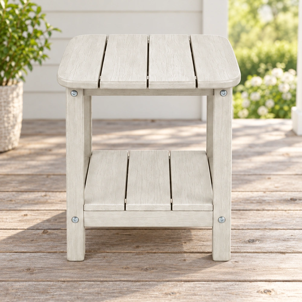 Straight-on front view on a timber veranda of the two-tier four-board HDPE outdoor side table