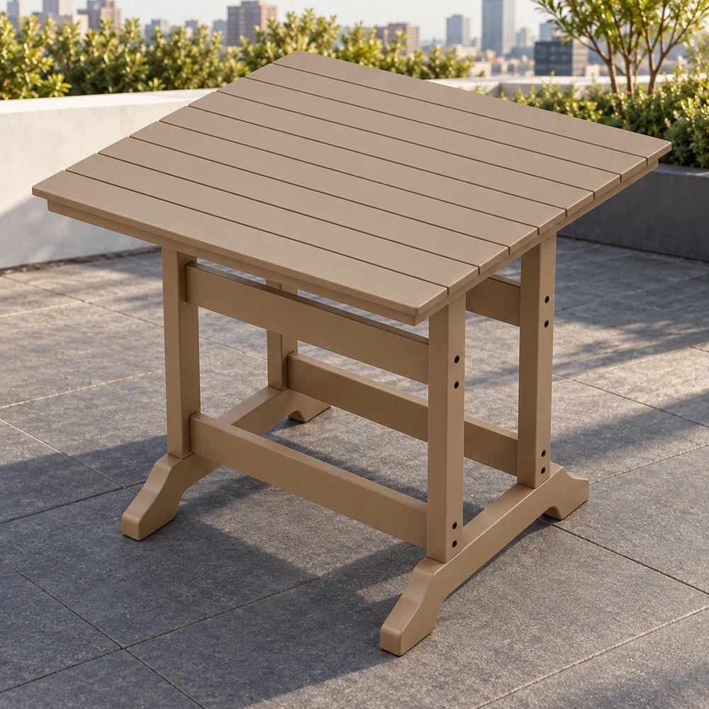 Elevated rear-right view of the taupe square trestle-base HDPE dining table on an urban roof garden
