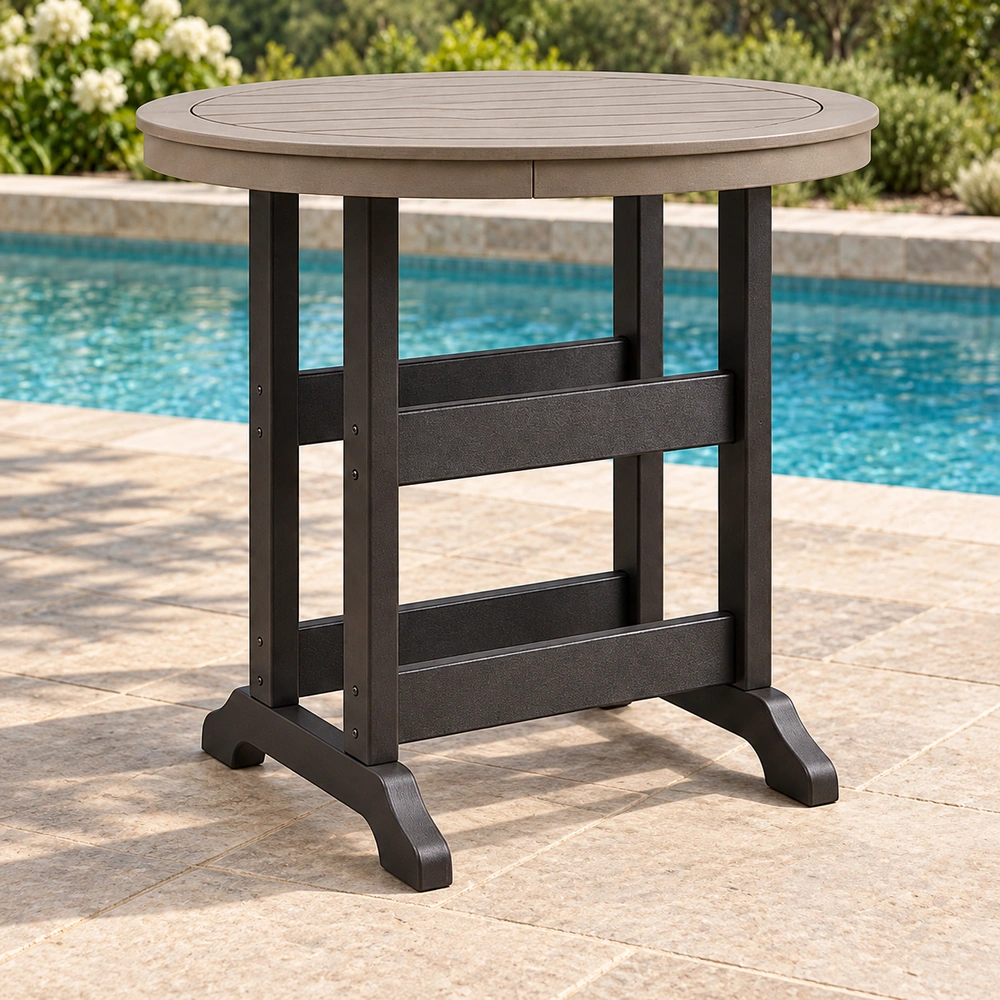 Low front-left view on a poolside limestone terrace of the round trestle-base HDPE bar table