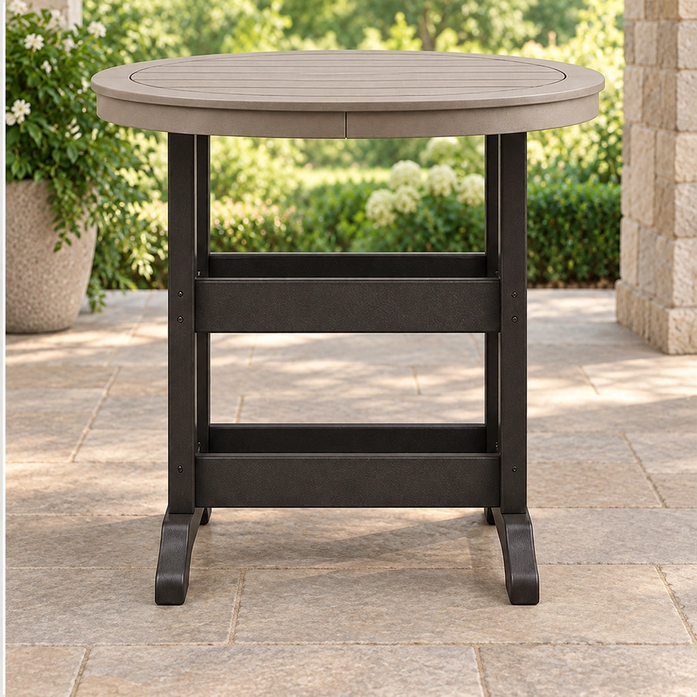 Straight-on front view on a covered garden patio of the round trestle-base HDPE bar table