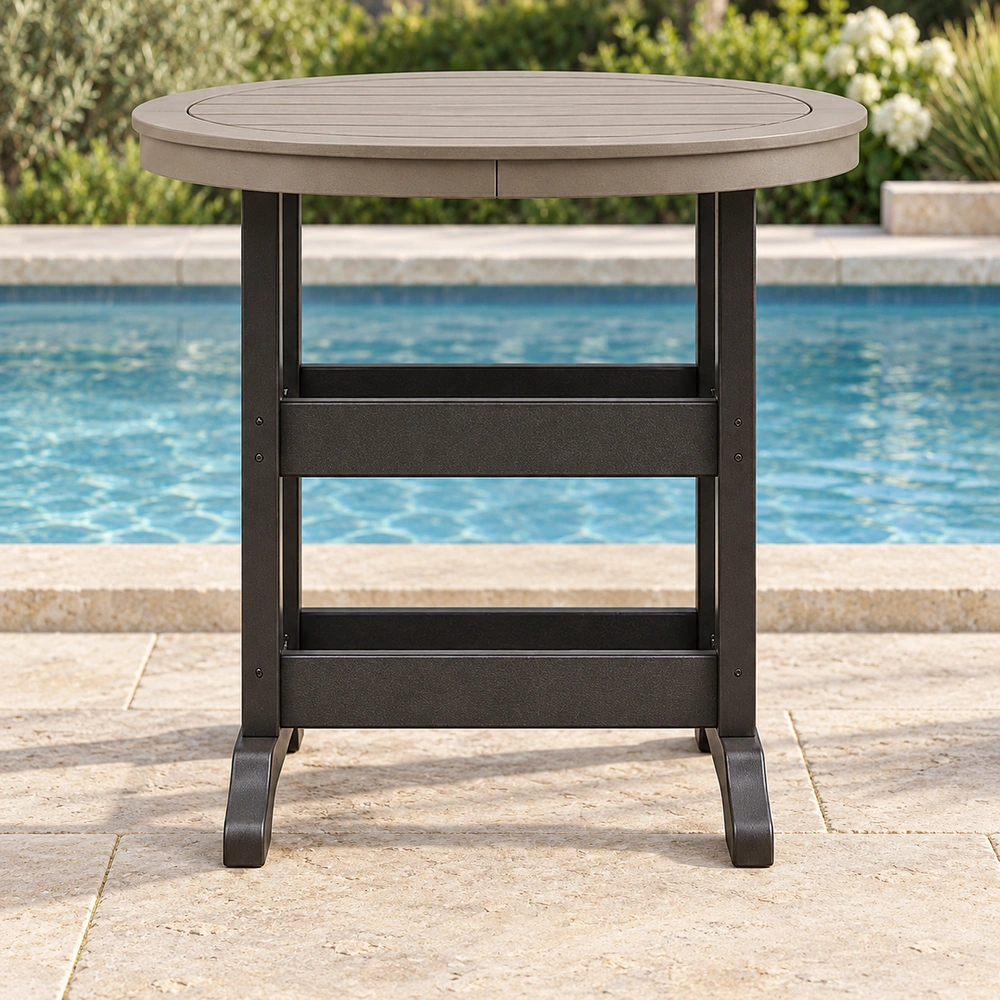 Straight-on front view on a poolside limestone terrace of the round trestle-base HDPE bar table