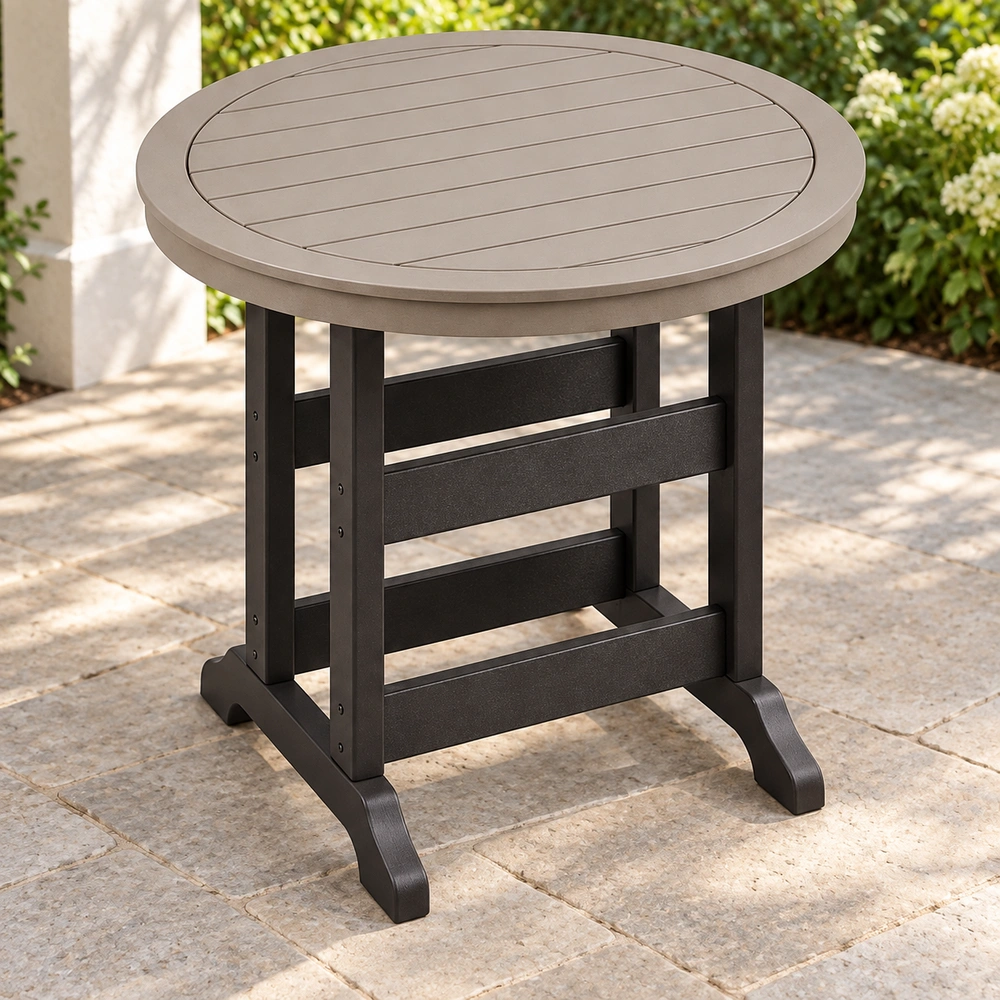 Elevated front-left view on a covered garden patio of the round trestle-base HDPE bar table