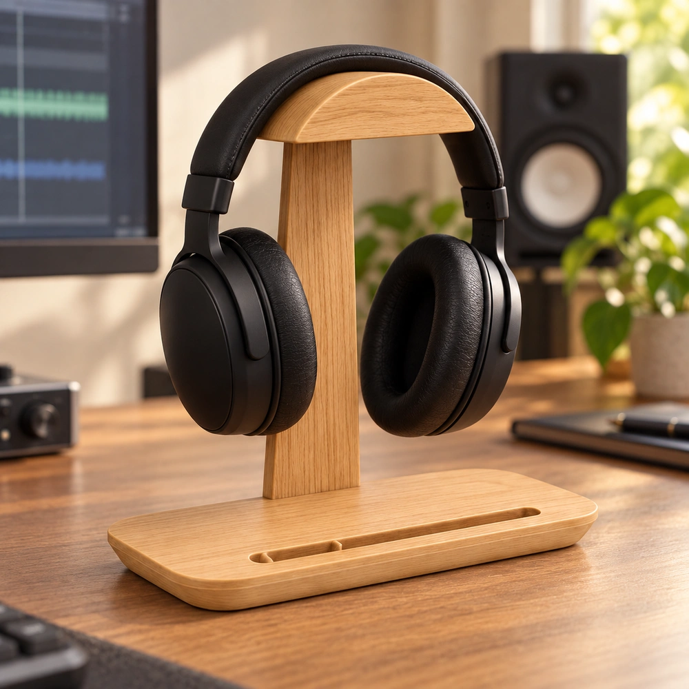 Front-left view of black over-ear headphones supported by the oak-finish HDPE headphone stand on a recording desk