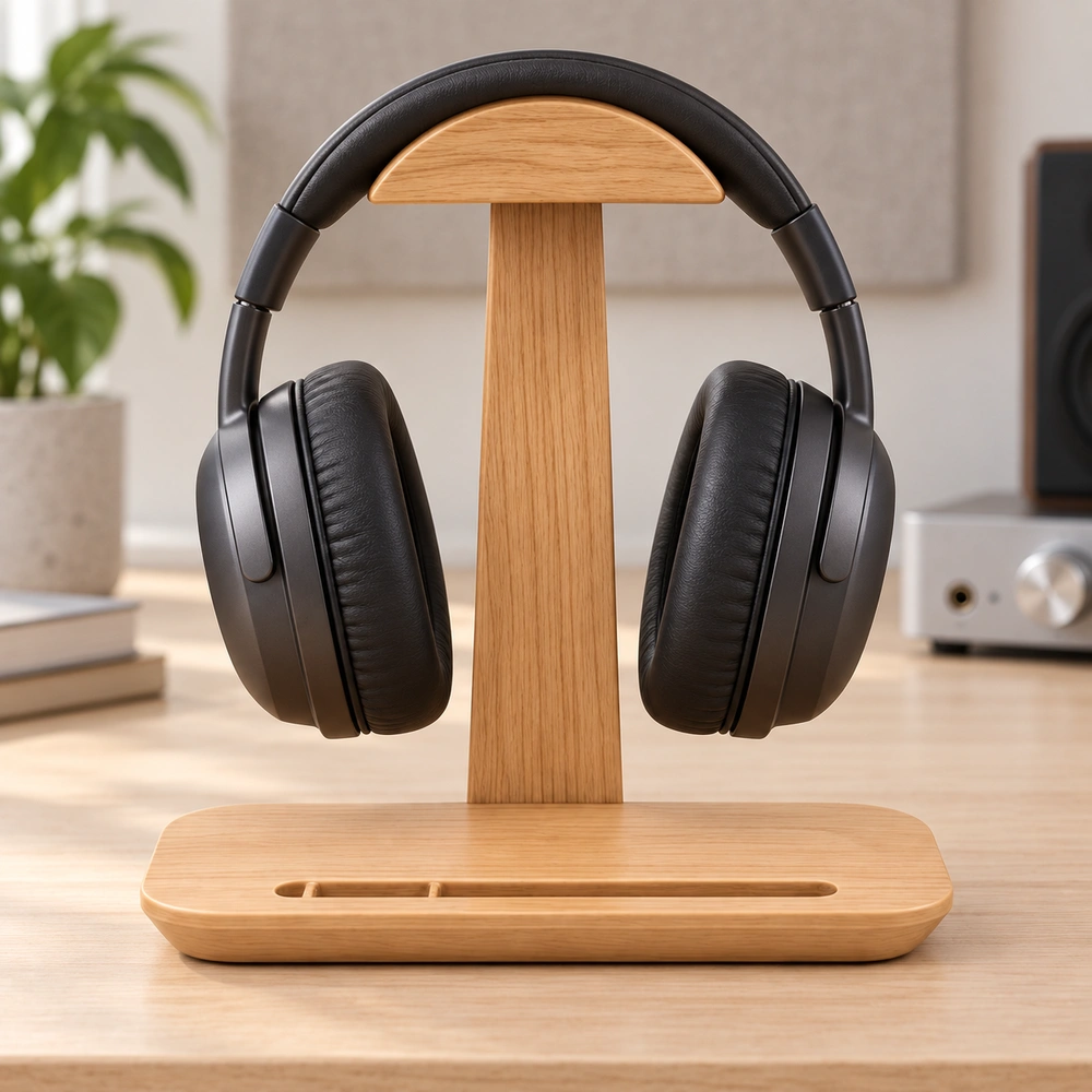 Front view of black over-ear headphones supported by the oak-finish HDPE headphone stand in a home audio setting