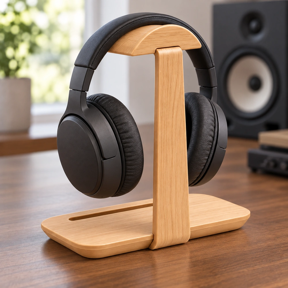 Rear-right view of black over-ear headphones supported by the oak-finish HDPE headphone stand on a music desk