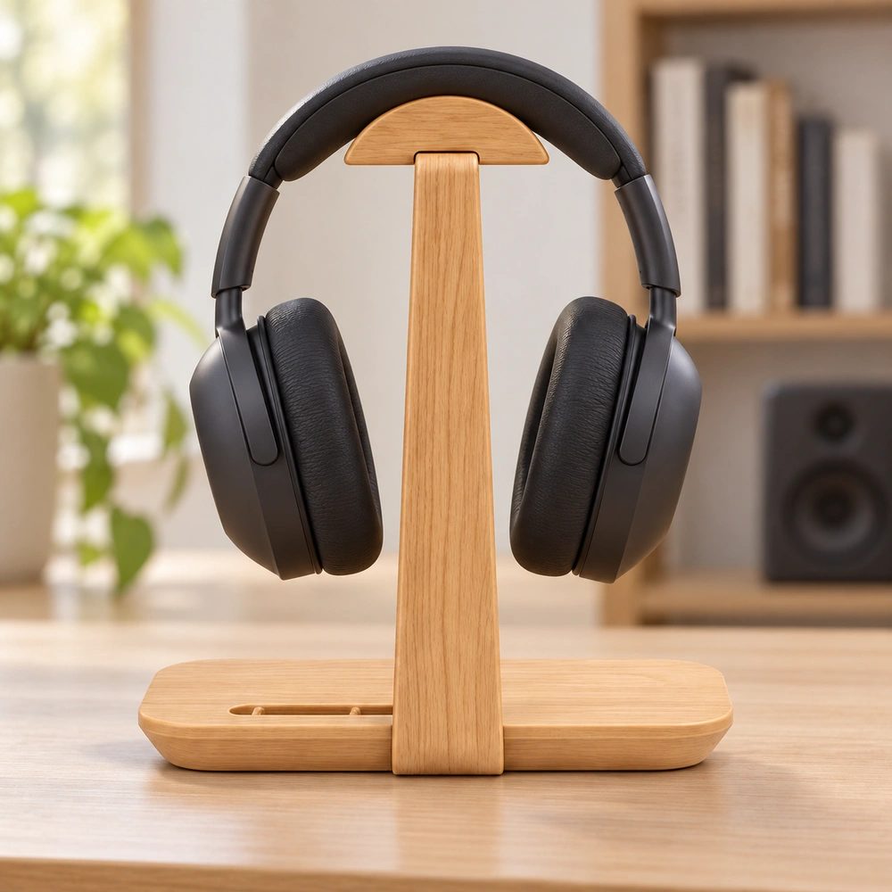 Rear view of black over-ear headphones supported by the oak-finish HDPE headphone stand in a dry indoor setting