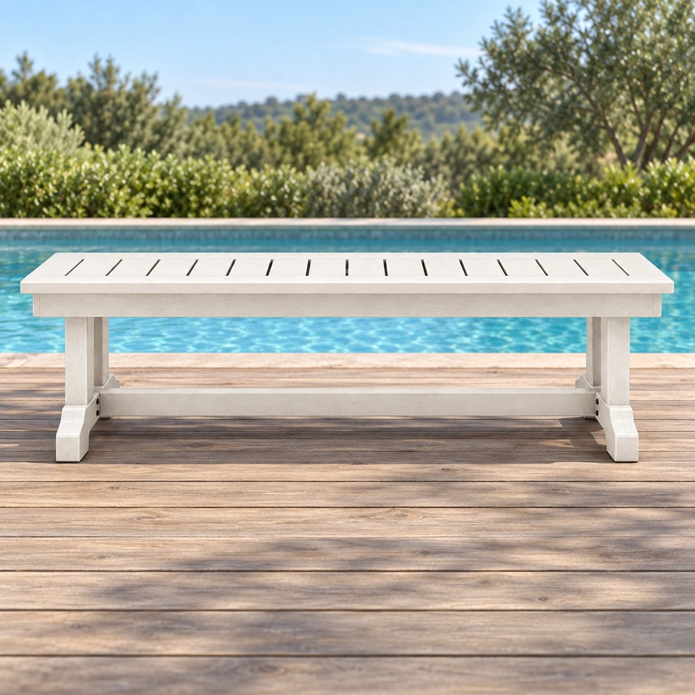 Long-side view beside a pool of the HDPE backless outdoor dining bench