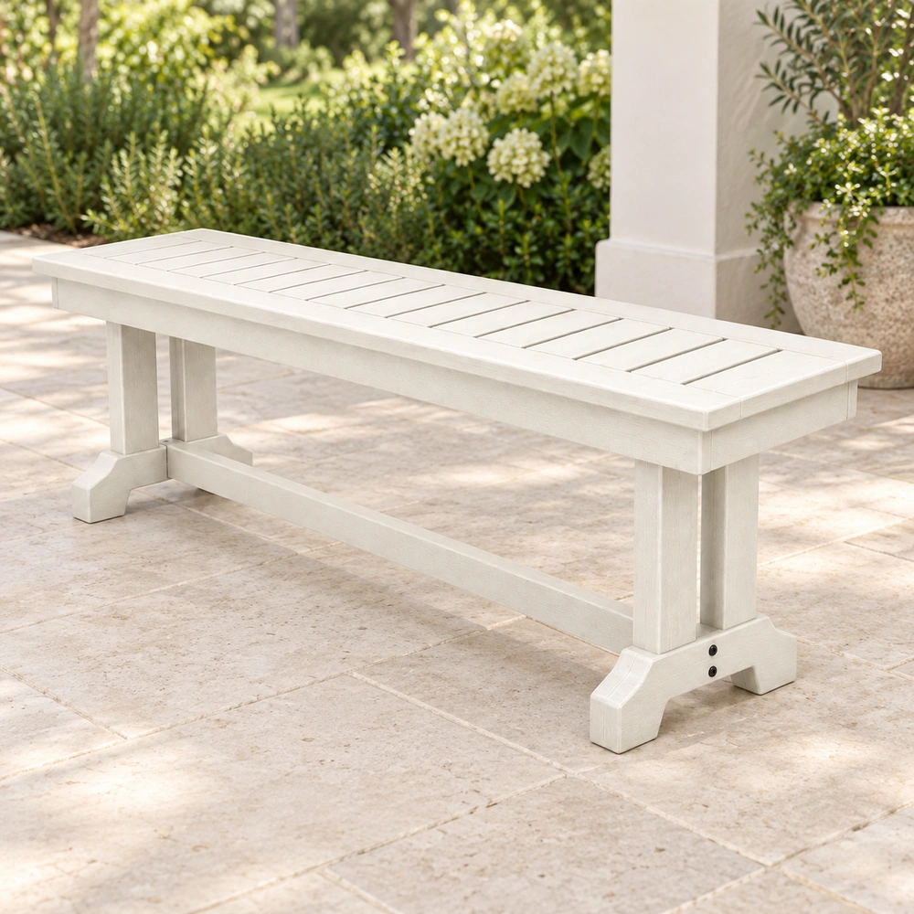 Right-oblique view on a covered garden patio of the HDPE backless outdoor dining bench